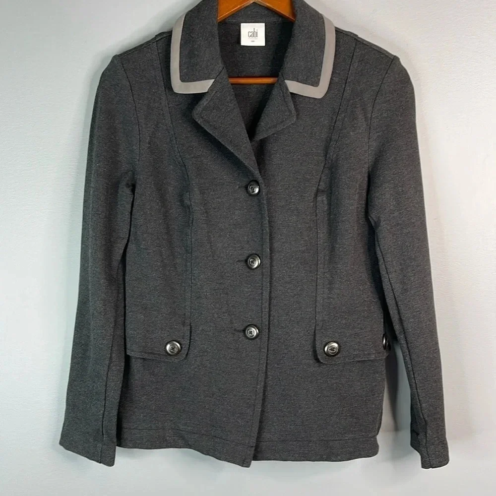 CABI Grey Crew Blazer Contrast Pipe Collar Pont Twill Single Breasted Preppy S - Picture 13 of 13